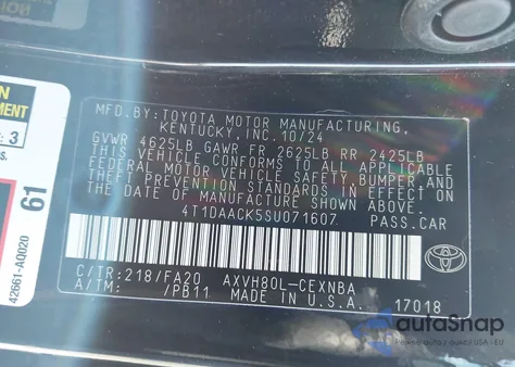 2025 Toyota Camry Le from USA, damaged, VIN 4T1DAACK5SU071607